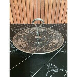 Antique Art Deco Center Handle Silver Etched Glass Tray Silver Overlay.10.5 D